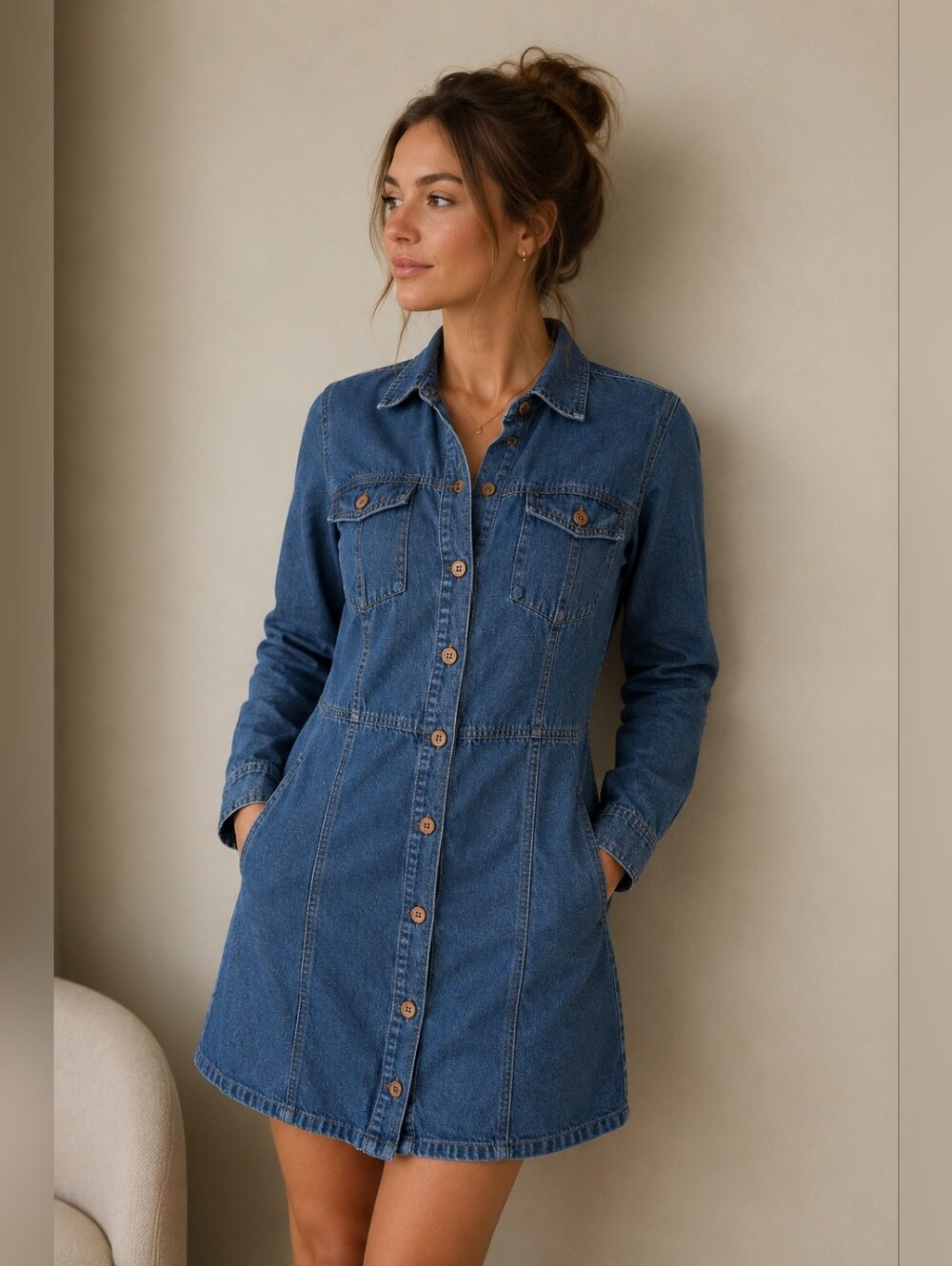 FRYE Denim Shirt Dress L Western Button Front Cotton Mini